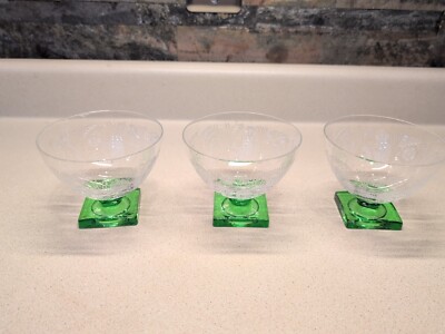 Fostoria Kashmir Green Square Bottom 1930's Set Of 3 Sherbet Glasses Many Chips