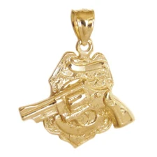 New 14k Gold Police Badge with Revolver Gun Pendant