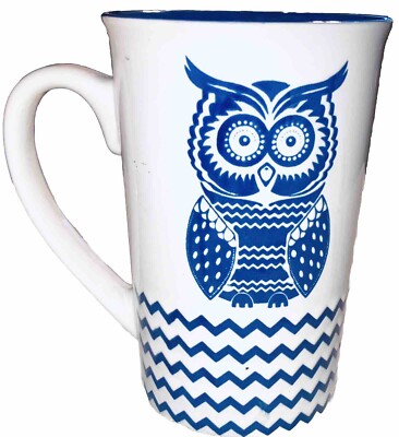 Home Essentials Embossed Blue & White 3D Big Eyed Owl Tea Coffee 15oz Mug