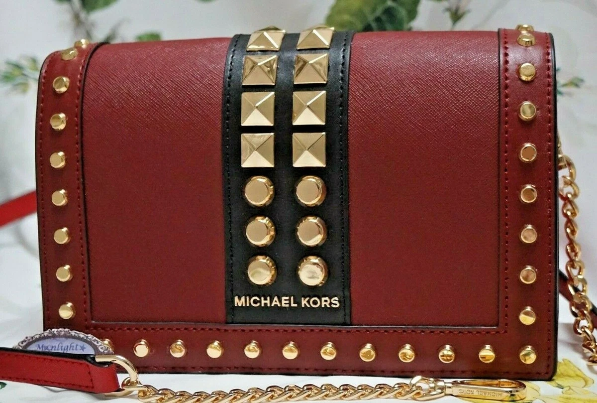 NWT MICHAEL KORS JET SET LARGE Studded Shoulder X-Body Bag In BRIGHT RED /  Gold