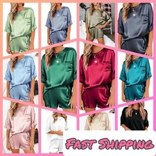 Pure Color Satin Pajamas, Chiffon, Short Sleeves, Straight Pant
