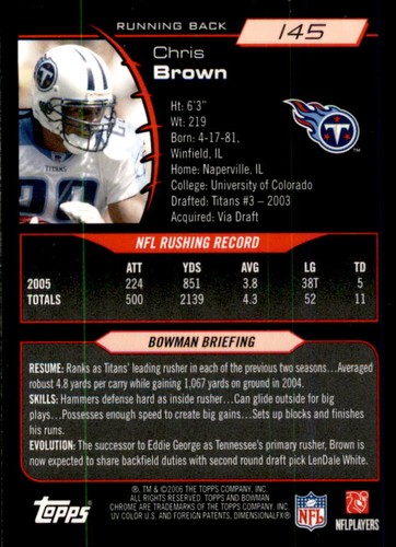 2006 Bowman Chrome #145 Chris Brown Tennessee Titans - Picture 2 of 2