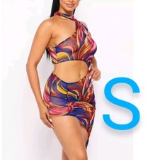 🆕Stunning Pink & Blueish Purple Marble Print Collar Halter Side Cut-Out Mini...