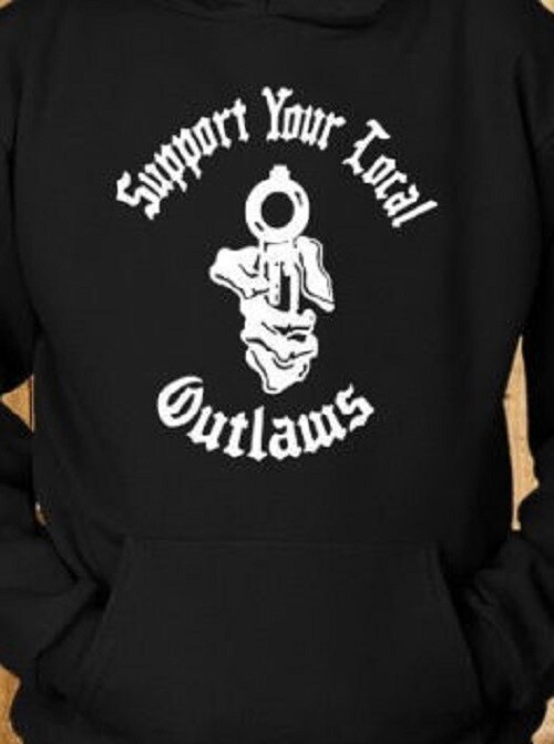 Support Your Local Outlaws Biker Motorcycle MC T-Shirt - Black Skull Graphic, 2-Sided Print 11 thumbnail image