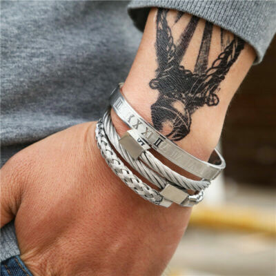 3pcs/set Royal Roman Bangle Bracelet For Men stainless steel Rectangle  Bracelet