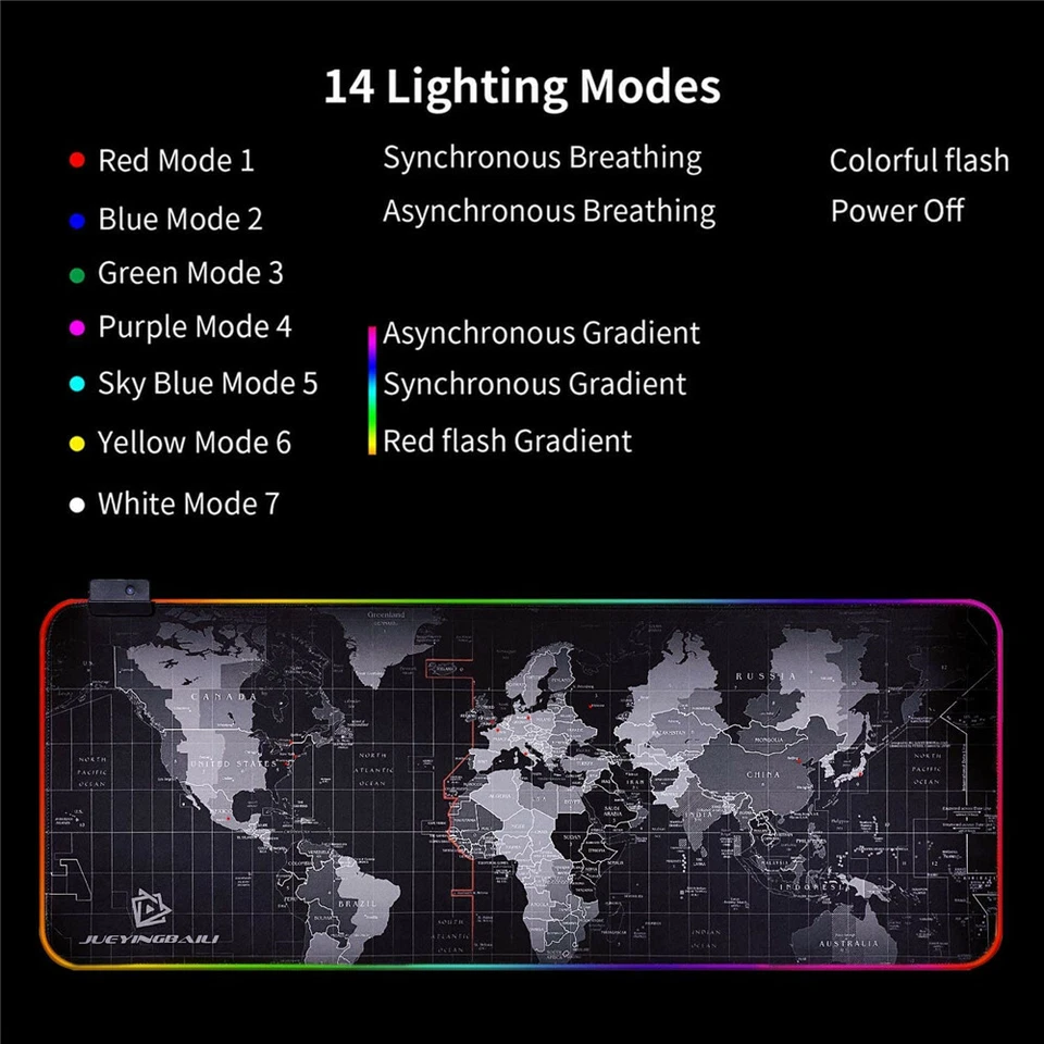 RGB LED Extra Large Soft Gaming Mouse Pad Oversized Glowing World Map 31.5x12'' - image 4 of 4