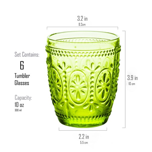 Middle East Style Water Glass Juice Glass Tumblers 10 Oz Set of 6 Green. - Picture 2 of 5