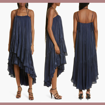 NWT $595 Cinq à Sept [ 2 ] Soliel Ruffle Trapeze High Low Dress Navy Blue #J428