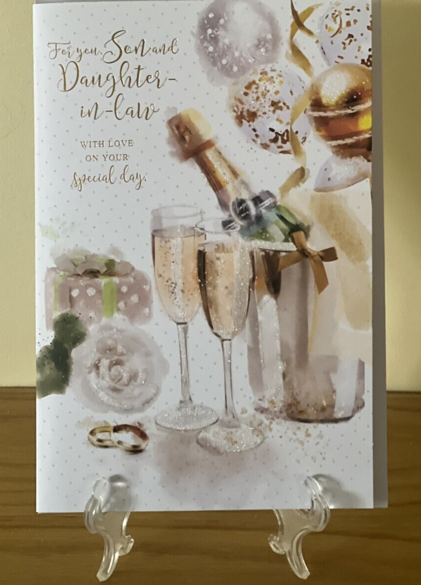 Wedding Anniversary Son & Daughter-In-Law Card Gold Foil Champagne & Gifts