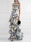 Women Printed Vestidos Sleeveless Neck-mounted Formal Ruffled Evening Dresses