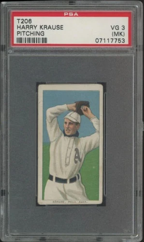 1909 T206 HARRY KRAUSE VG PITCHING TOLSTOI BACK STAMP PSA 3 MK ATHLETICS