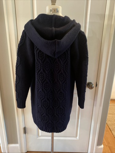 SAOL Aran Long Hooded Cardigan Sweater Navy Blue 100% Merino Wool Knitted Size L - Picture 9 of 16