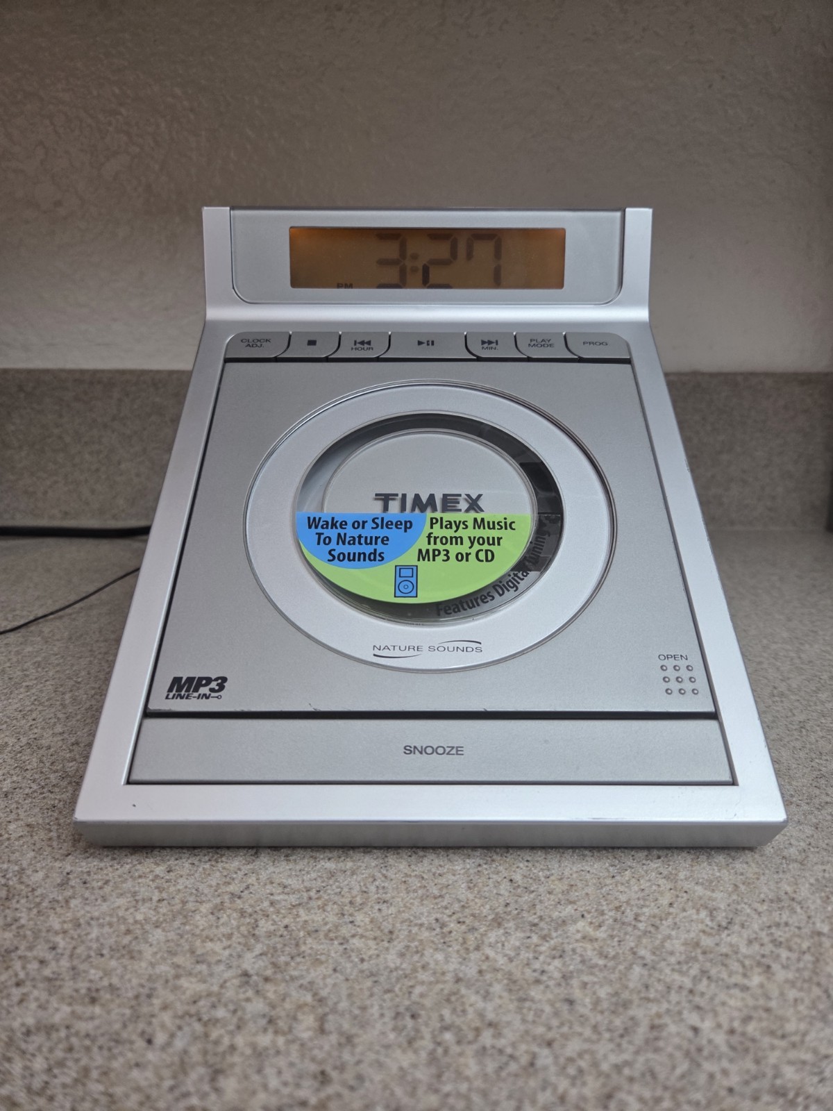 Timex T609T Dual Alarm Clock Radio CD Player MP3 Line-In Nature Sounds Silver