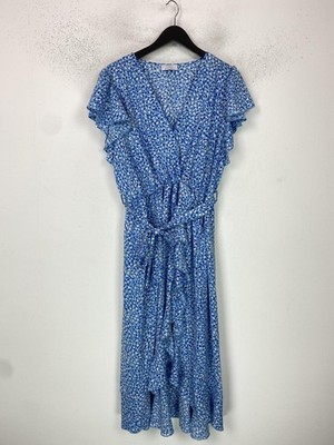 Quiz Blue Abstract Midi A-line Dress Flutter Sleeve Belted UK 18