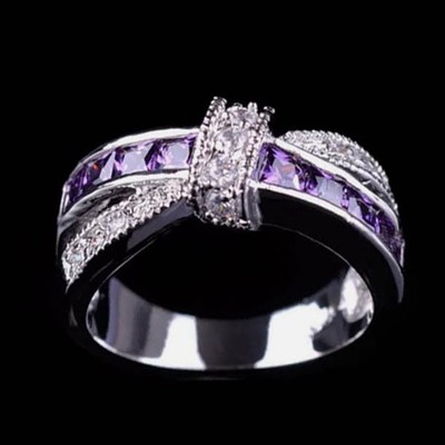Cross over princess cut amethyst lab created Band Ring in 925 Sterling Silver
