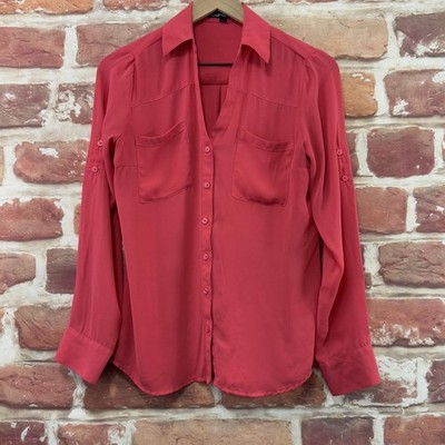 Express Top Womens Small Petite Pink Button Front Roll Tab Casual Career Shirt