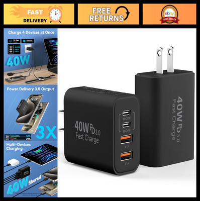 40W 4-Port USB C Wall Charger Block 2-Pack, Fast Charging PD & QC 3.0 Adapter fo