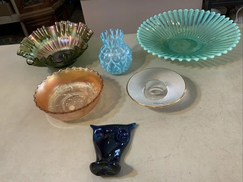 Lot Of Vintage Antique Glass Vase Bowl Compote Fenton Carnival Opalescent