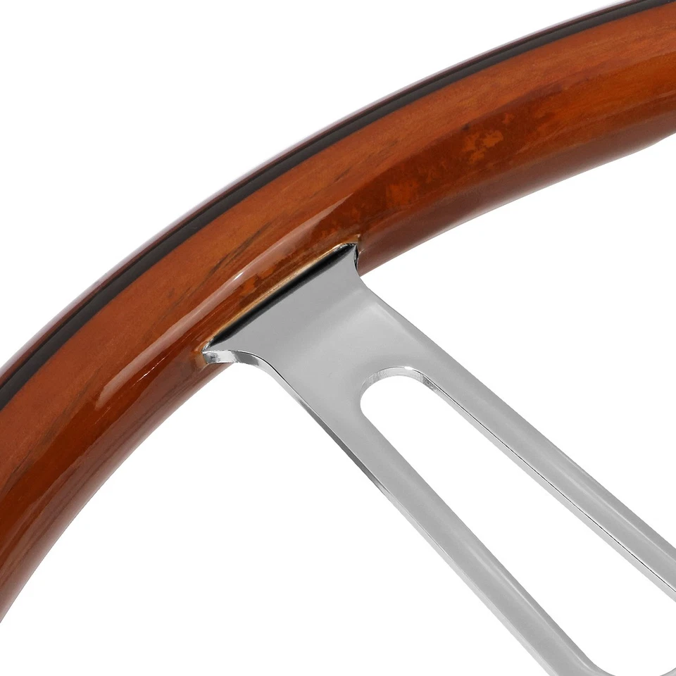 15" DARK WOOD GRAIN 2"DEEP DISH STAINLESS STEEL 3-SPOKES VINTAGE STEERING WHEEL - Image 4 of 4
