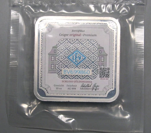 GEIGER 10 OZ FEINSILBER 999 - AG .999 Germany  Silver SQUARE Bar.  # BV699860