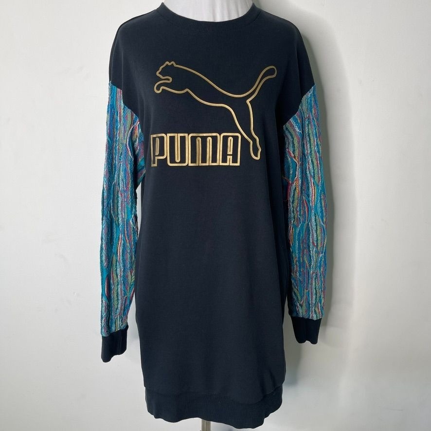 PUMA x COOGI Sweatshirt Dress Black Gold Logo 3D Textured Knit Sleeves Womens XS