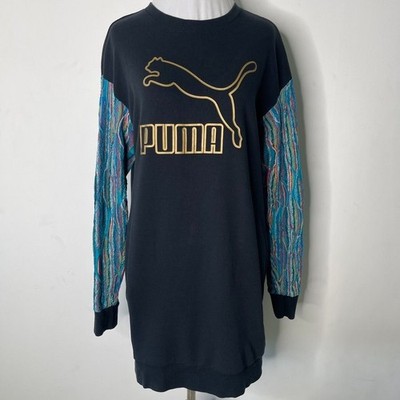 PUMA x COOGI Sweatshirt Dress Black Gold Logo 3D Textured Knit Sleeves Womens XS