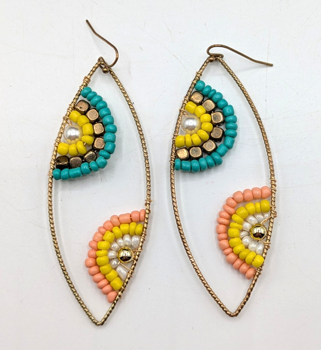 Beaded Statement Dangle Ellipse Earrings Gold Blu… - image 2