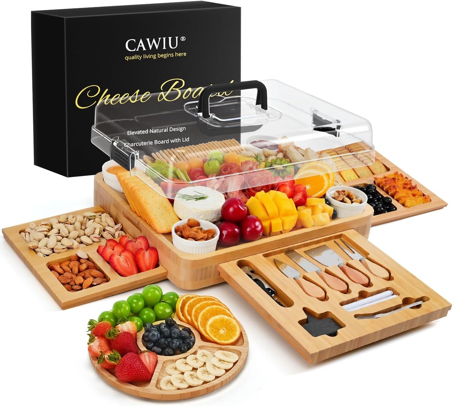 Charcuterie Board with Lid – Large Bamboo Cheese Set Black 
