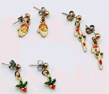 3 Pairs Christmas Dangle Pierced Enameled Earrings-Santa-Holly Leaves-Candy Cane