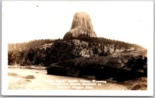 Devils Tower Wyoming WY, Monolithic Igneous Butte Forested Landscape, Postcard