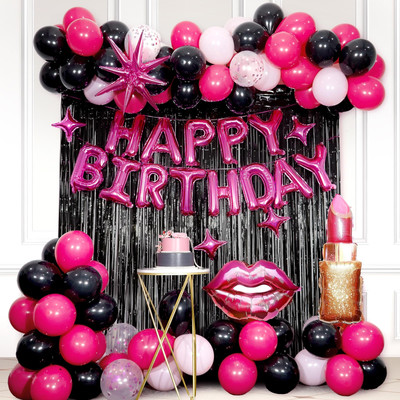 Decoracion De Feliz Cumpleaños Cortinas Globos Negros y Rosa Para Niñas Mujer