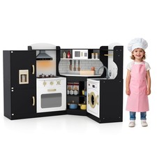 COSTWAY Corner Play Kitchen Toddler Kitchen Playset with Range Hood-Black