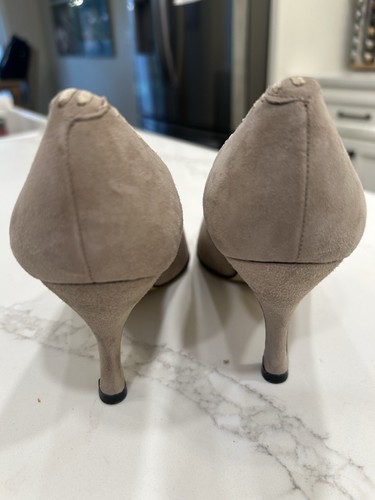 Liz Claiborne Charter Size 7 M Pumps Tan Suede Pointed Toe Ribbon Weave Heels - Picture 8 of 14