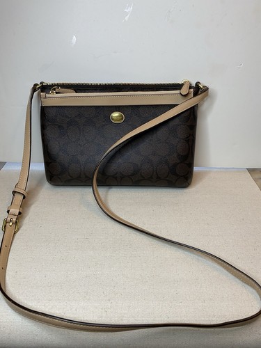 Coach East/West Canvas Crossbody Bag With Tan Strap & Pop-up Leather Pouch