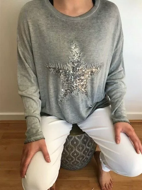 NEW SUGAR BABE SEQUIN STAR LIGHTWEIGHT SOFT JUMPER T SHIRT TOP