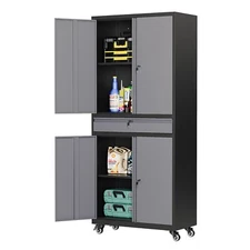 72''Rolling Metal Cabinet Garage Storage Cabinet with 4 Doors Adjustable Shelves