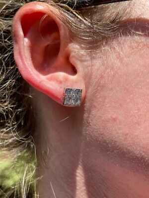 Real 925 Silver Iced Square Cube CZ Hip Hop Earrings Studs