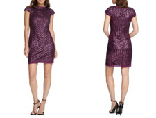 VINCE CAMUTO Plum Purple Sequin Embellished Mesh Cap Sleeve Stretch Dress 8 = M