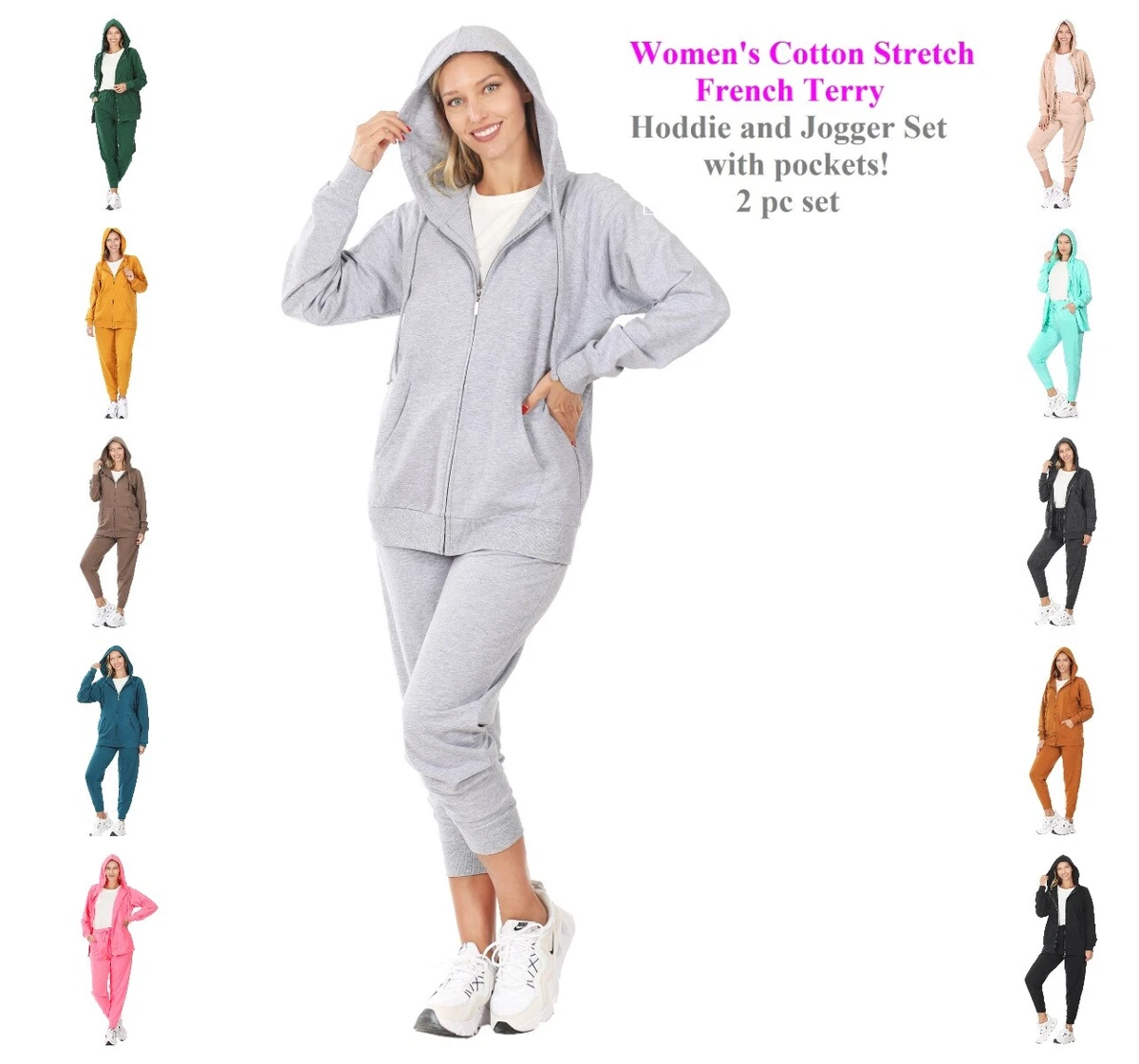 Womens French Terry COTTON Zipper Hoodie Jacket Jogger Sweat Pants 2 PC Set  S-3X