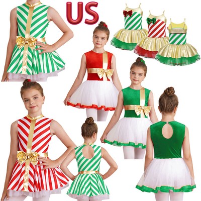 US Kid Girl Christmas Tutu Dress Candy Cane Costume Ballet Dance Skating Leotard