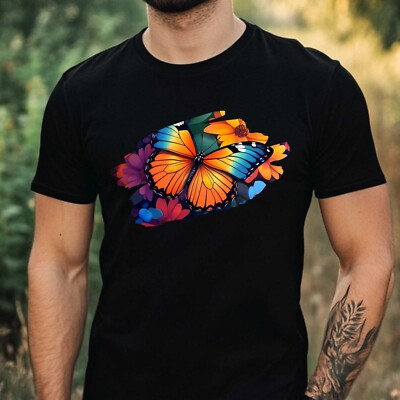 Mens Butterfly Flower Print Cotton T-Shirt Size XS to 5XL