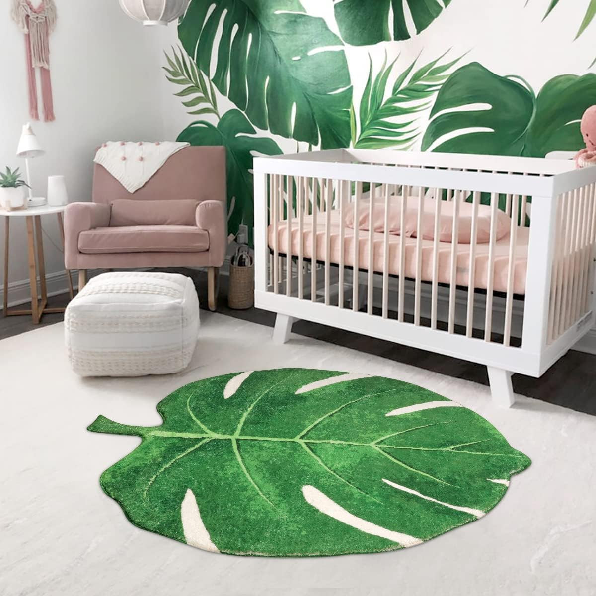 Nursery Rug 35.5"X44" Washable Kids Rug for Bedroom, Green Leaf Shaped Area Rug