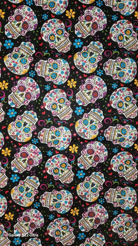 Black Colorful Sugar Skull Folklore Cotton Fabric  3 Yds & 13" - Image 3 of 3