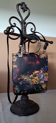 Carlos Santana Braided Ring Crossbody Bag GORGEOUS Black Floral Design EUC