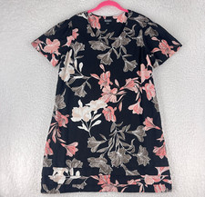 Nicole Miller Midi Dress Women Large Black Floral Print Linen Blend Short Sleeve