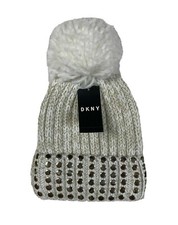 DKNY Women's White Studded Pom Pom Beanie Knit Hat H3