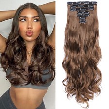 24" Straight Hair Extensions 7 Pieces Synthetic Double Weft Light Chestnut Brown
