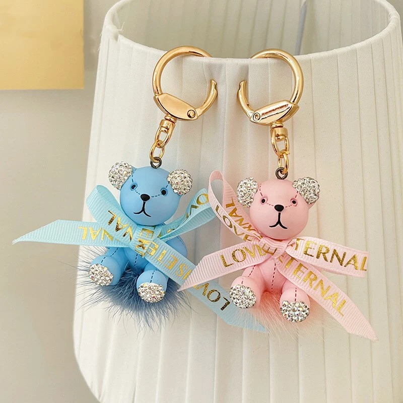 Hot Blue Pink Bowknot Cute Keychains Bear Bag Pendant Acrylic Car Key Chain  Gift