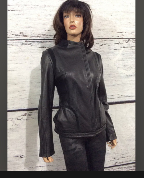 Elie Tahari Asymmetrical Knit Lamb Leather Wrap Jacket Sz M | eBay