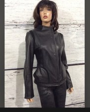 Elie Tahari Asymmetrical Knit Lamb Leather Wrap Jacket Sz M